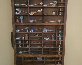 Printers shelf, spoon collection, thimbles collection