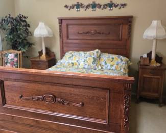 Vintage oak queen bed/mattress with 2 night stands