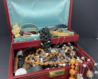 64 MidCenturyJewelryBoxwithFashionJewelryVintageWatchesMixed