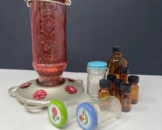 Cranberry Glass Hummingbird Feeder & Mini Bottles Collection