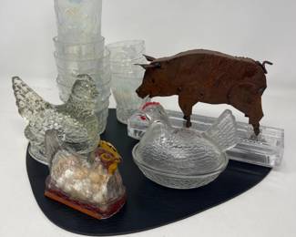 75 IndiaTumblersMetalPigHenonNestGlassChickens
