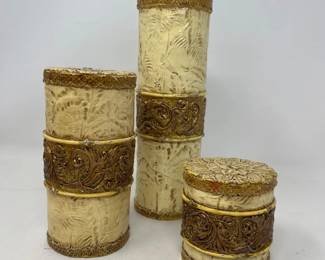 46 OrnateDesignedPillarCandlesBaroqueInspiredCreamGoldAccents