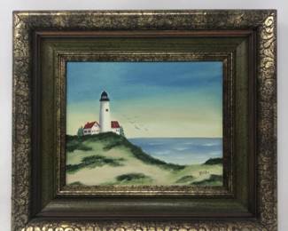 45 FramedCoastalSceneSignedHildaLighthouseandSeabirds