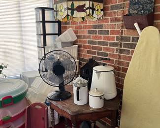 Enamel ware, antique furniture, plastic storage, stained glass hanging light