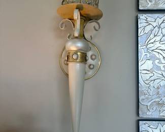 #34 - $80 - Sconces wood/metal painted gold/cream 6x20