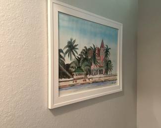 #85 - $100 - Bahamas house by water signed Brian Robbins 28x22
