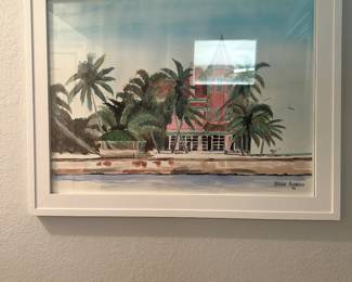 #85 - $100 - Bahamas house by water signed Brian Robbins 28x22