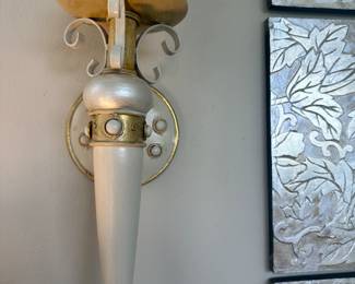 #34 - $80 - Sconces wood/metal painted gold/cream 6x20