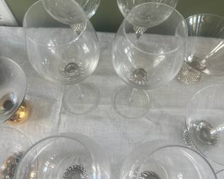 #108 - $120 - 18 - Jeweled bottom crystal glasses. 6 -high ball, 6 wine, 6 martini