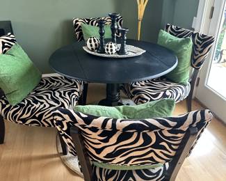 #14 - $350 - Zebra & black dinette table drop leaf table 42 round x 30h - chairs - 26w x 23d x 24h