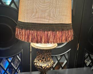 #72 - $68 -Table lamp with leopard scrolls - fringe on shade 12x31