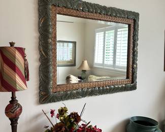 #8 - $100 - Green wicker wood painted mirror 48Wx38H