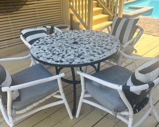 #101 - $300 - Black & white stone top table 38D x29H - 4 chairs with pillows