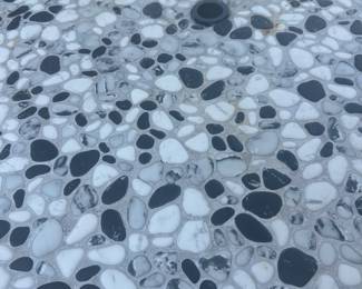 #101 - $300 - Black & white stone top table 38D x29H - 4 chairs with pillows