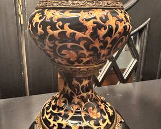 #72 - $68 -Table lamp with leopard scrolls - fringe on shade 12x31