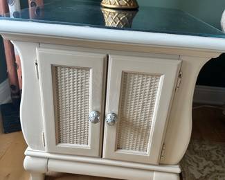 #19 - $200 - Pair of side tables with weaved wicker 26w x28d x 26h with glass tops