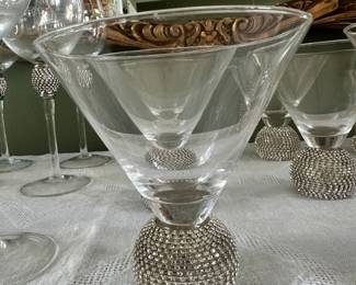 #108 - $120 - 18 - Jeweled bottom crystal glasses. 6 -high ball, 6 wine, 6 martini