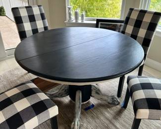 #27 - $450 - Black/white table with 6 checker chairs 42D +12L(leaf) x30H - chairs 20Wx18Dx37H