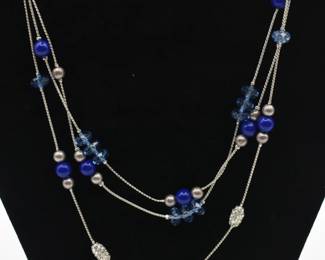 multi strand silver tone blue beaded necklace