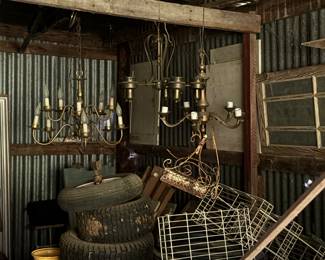 There are FOUR chandeliers in this shed!