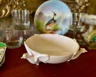 Vintage Jeannette pink milk glass pheasant footed bowl c 1958