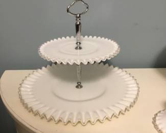 2- tiered milk glass serving trays