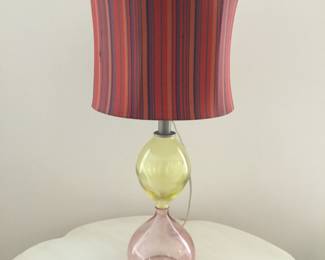 Blown glass lamp with retro striped shade, yellow and red