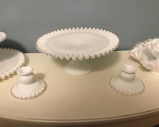 Vintage Fenton cake plate and candleholders, milk glass