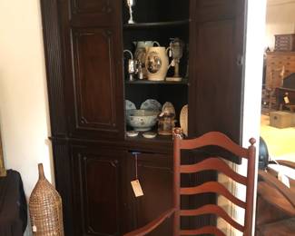 English corner cabinet and slat back arm chair