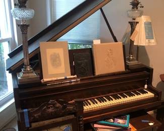baby grand piano, pair of Messenger and Co lamps