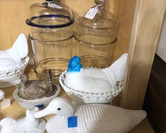 milk glass animals and parts, storage jars
