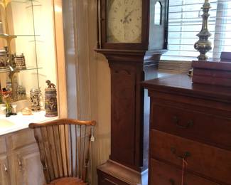 PA tall case clock and early high chest and windsor