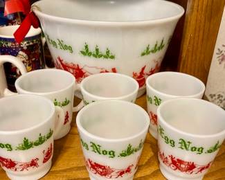 Vintage Hazel Atlas Victorian Egg Nog Punch Bowl and Cups.