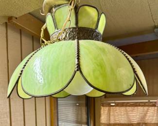 Vintage Stained Glass Green Slag Swirl Jadeite Light Hanging Lamp Fixture Shade