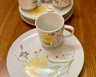 Set of 4 Snack and Cup Set~ Girls Luncheon ~ Brunch Set ~ Fresh Hand Painted Floral Design.
