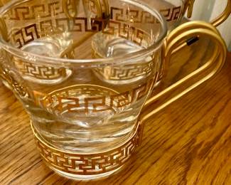Mid Century LIBBEY VINTAGE IRISH COFFEE MUGS GOLD GREEK KEY W/METAL HANDLE BASE.