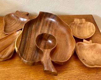 Vintage Mid Century Aberdeen of Hawaii Monkey Pod Wood Snack Tray Set.