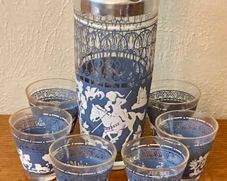 Mid-Century Cocktail Shaker by Vogue Crystal/ 1950’s Persian Blue Hunting Scene/ Glass and Metal Barware Shaker Pourer