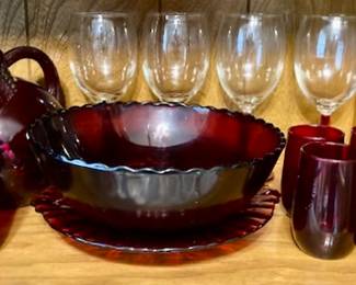 Vintage Ruby Red Bowls/Pitcher and Glasses.