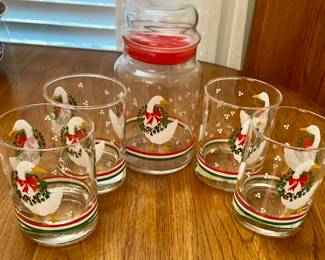 Mid Century Libby Christmas Goose Glass Set w/Carafe. 