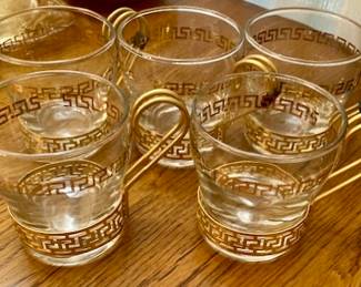 Mid Century LIBBEY VINTAGE IRISH COFFEE MUGS GOLD GREEK KEY W/METAL HANDLE BASE.
