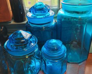 4 piece blue panel canister set (1 missing lid)