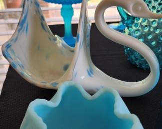 satin glass, milk glass, blue and green glass