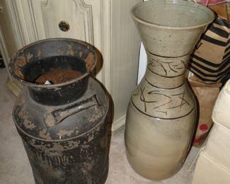 Large vase and metal can