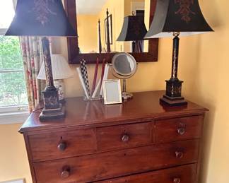 Antique chest & matching painted toleware lamps