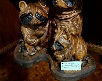 "Three Raccoons" Carved from Black Walnut by J. Chester Armstrong.