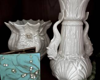 Belleek Dolphin Spill Vase and Short Vase