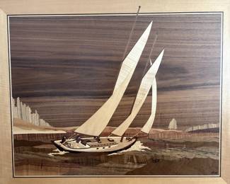"Sailing" Hudson River School technique. Signed inlaid wood art.