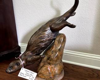 "Splash Down" Bronze and Stone River Otter Sculpture by Mike Dwyer.