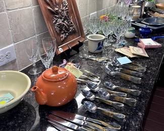Crystal stemware, Oneida "Gold Aquarius" Fine Flatware, Kitchen Decor and Serviceware.